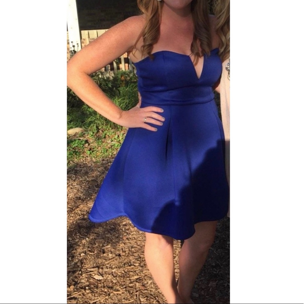 Royal Blue, High low, plugging neck line dress.